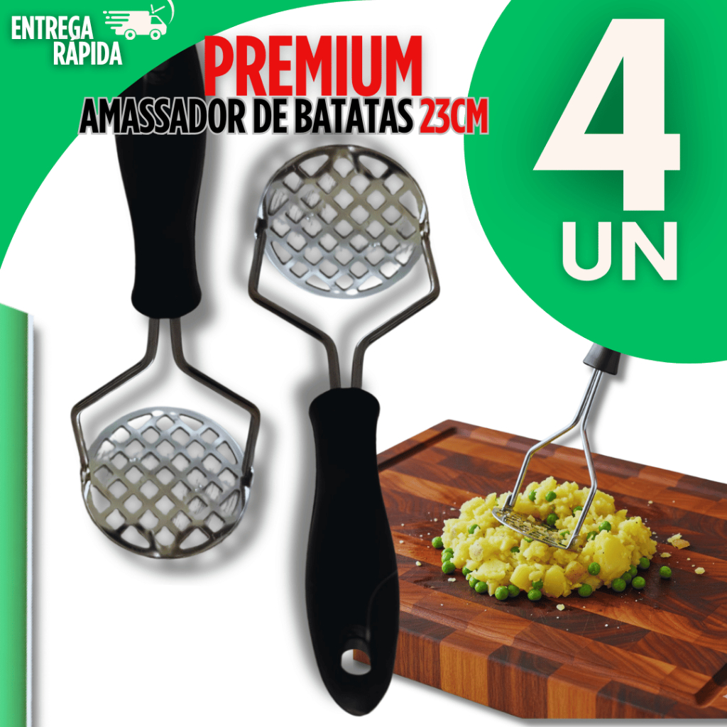 KIT 04 Peças Amassador Espremedor de Batata Inox Manual Resistente com Pressão Rápida Utilidades