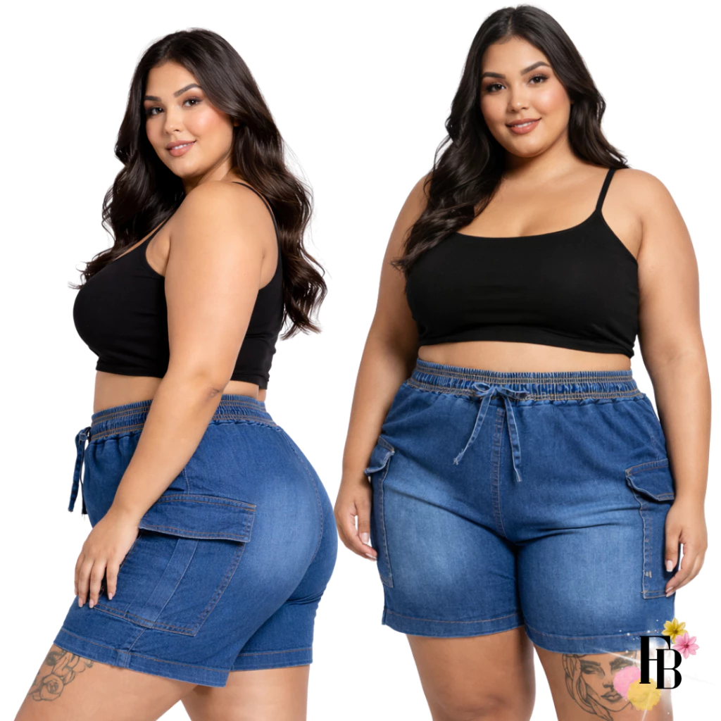 Short Jeans Lycra Plus Size do 42 ao 56 Feminino Cintura Alta Bolso Lateral Cordão Verão Estiloso — imagem 1