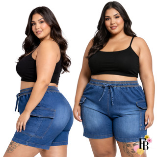 Short Jeans Lycra Plus Size do 42 ao 56 Feminino Cintura Alta Bolso Lateral Cordão Verão Estiloso