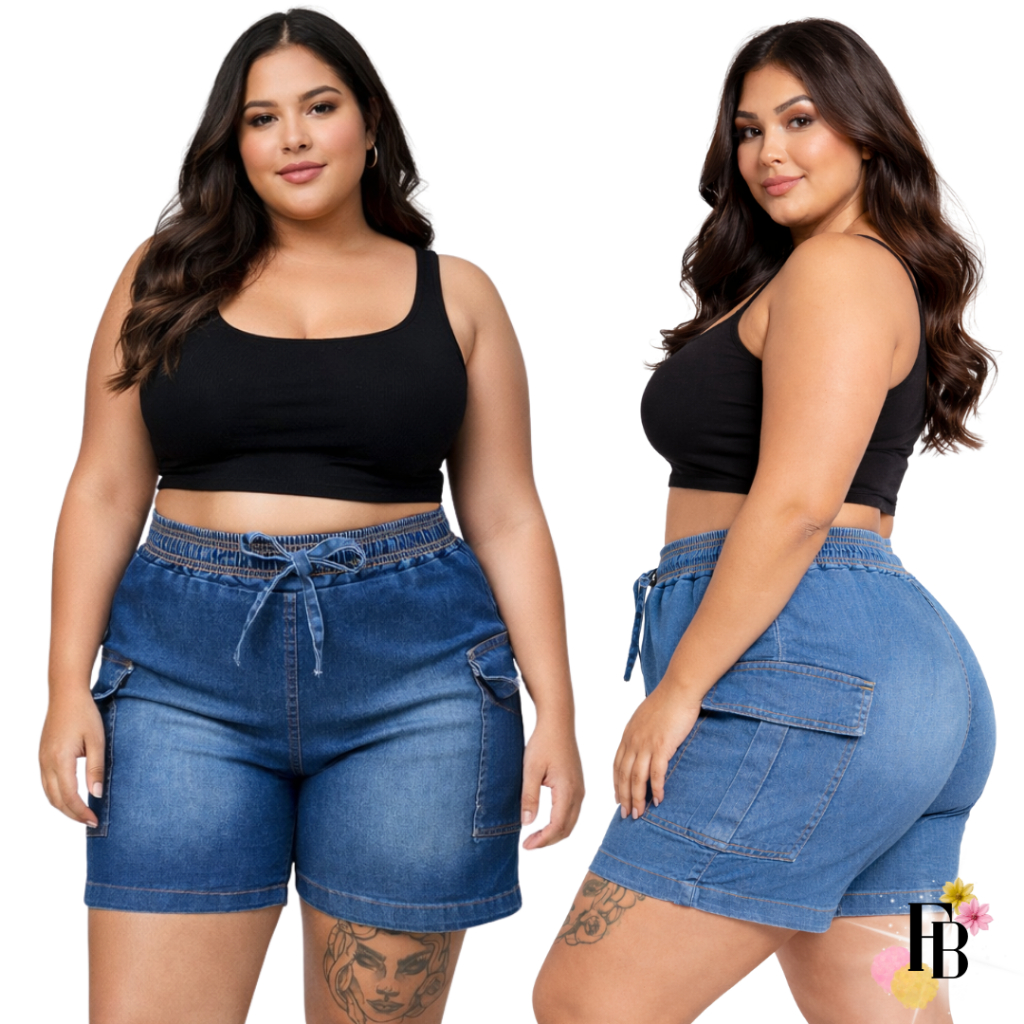 Kit 2 Short Jeans Lycra Plus Size do 42 ao 62 Cintura Alta Elastico Cordao Bolso Cargo Estiloso