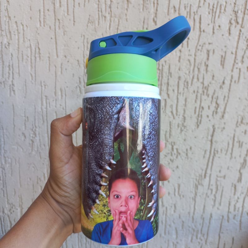 garrafinha personalizada de dinossauro, squeeze, garrafa alumínio,  garrafinha personalizada menino