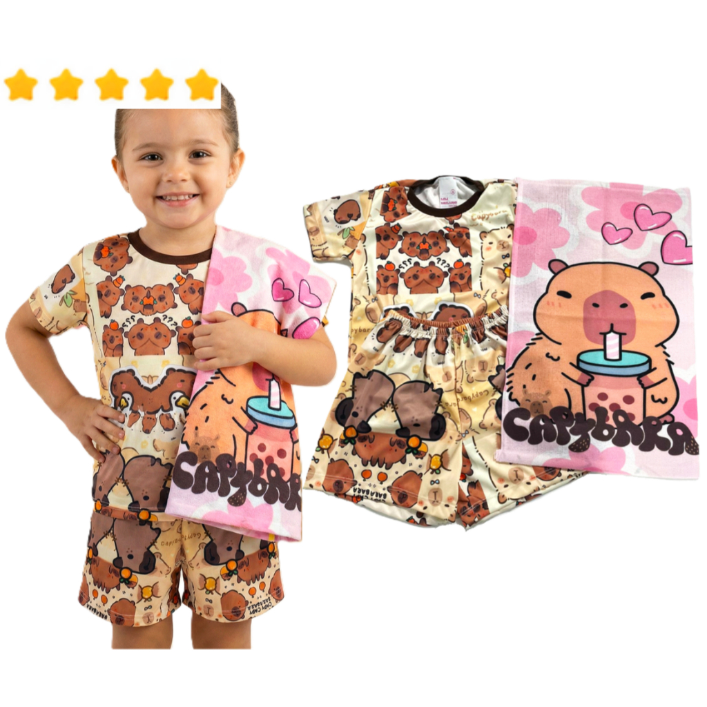 Pijama Infantil UNISEX CAPYBARA capivara conjunto Manga Curta Personagem Meia Manga Dormir