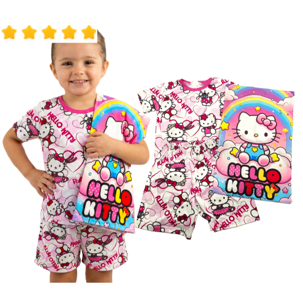 Pijama Menina Infantil HELLO KITTY Conjunto Manga Curta Personagem Meia Manga Dormir