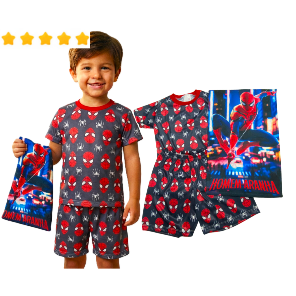 Pijama Menino Infantil HOMEM ARANHA Conjunto Manga Curta Personagem Meia Manga Dormir