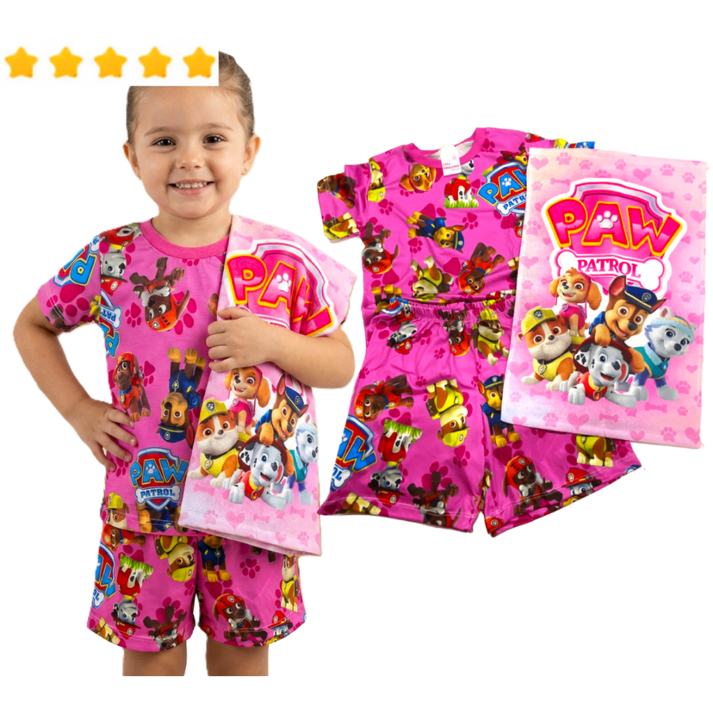 Pijama Menina Infantil PATRULHA CANINA ROSA Conjunto Manga Curta Personagem Meia Manga Dormir