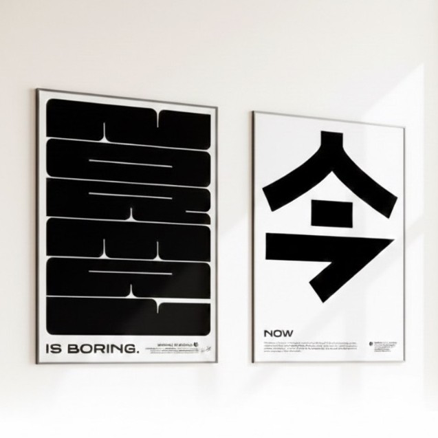 Quadros decorativos kit minimalista negrito "Is Boring" e Kanji japonês  preto e branco (2 peças)