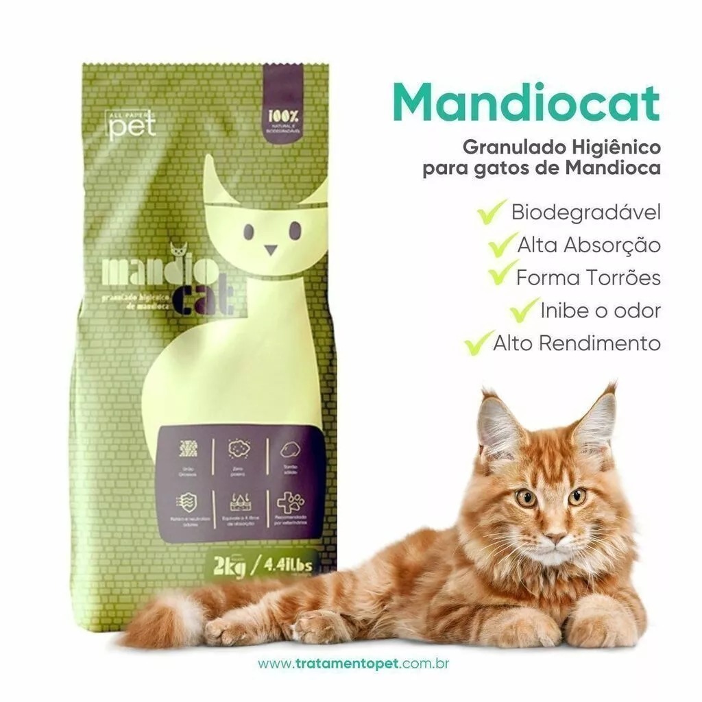 Areia Higiênica Mandiocat 2kg – Natural de Mandioca, Elimina Odores, Forma Torrões, Eco-Friendly