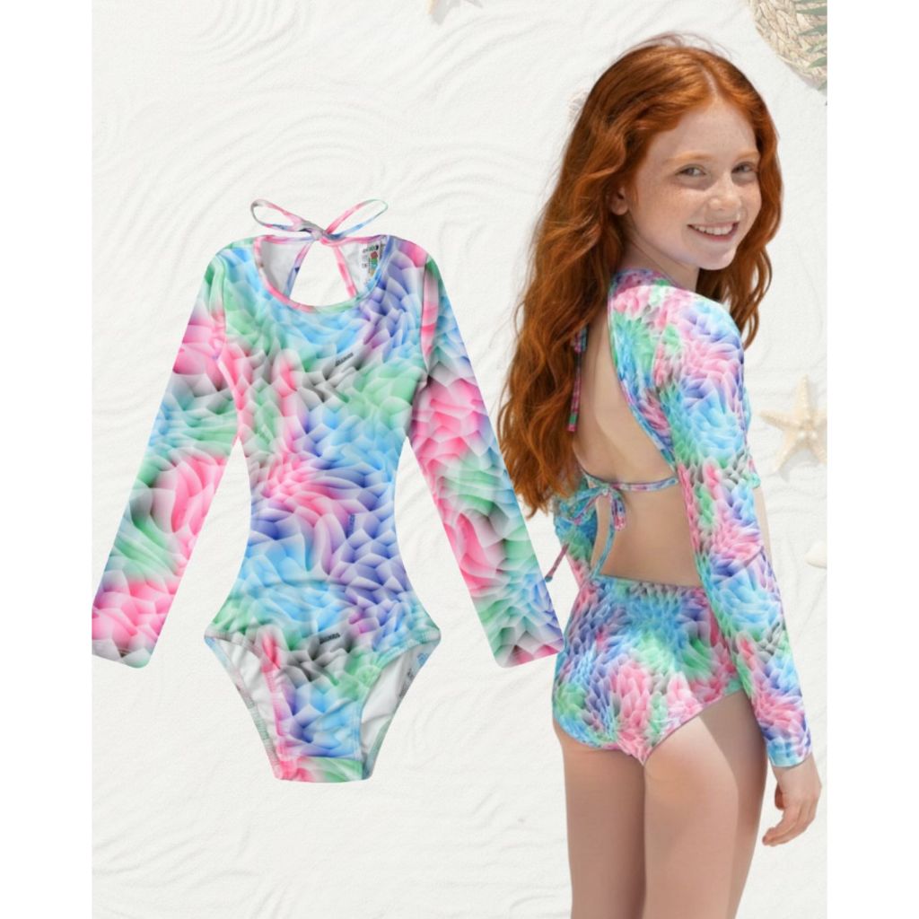 Maiô Infantil Manga Longa Proteção UV50+ Feminino Ajustável Praia Piscina