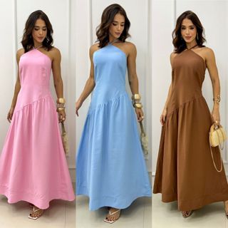 VESTIDO FEMININO COM AMARRAÇÃO NO PESCOÇO MODA VERÃO ELEGANTE em Oferta na Shopee