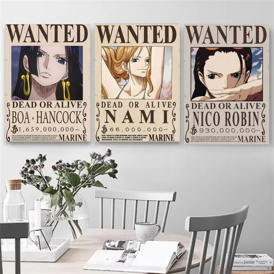 Kit 3 Quadros Placa Anime Decorativo One Piece Nami Luffy Zoro Sanji Chopper Cartaz Poster Geek 19x27
