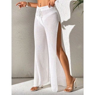 Calça de praia feminina, calça de praia branca, calça saída de praia, saída de praia vazada, saída de praia com fenda em Oferta na Shopee