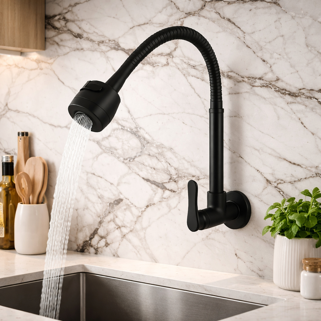 Torneira De Cozinha 2 FUNÇÕES DE JATO Flexível De Parede Preta Fosca ABS Resistente