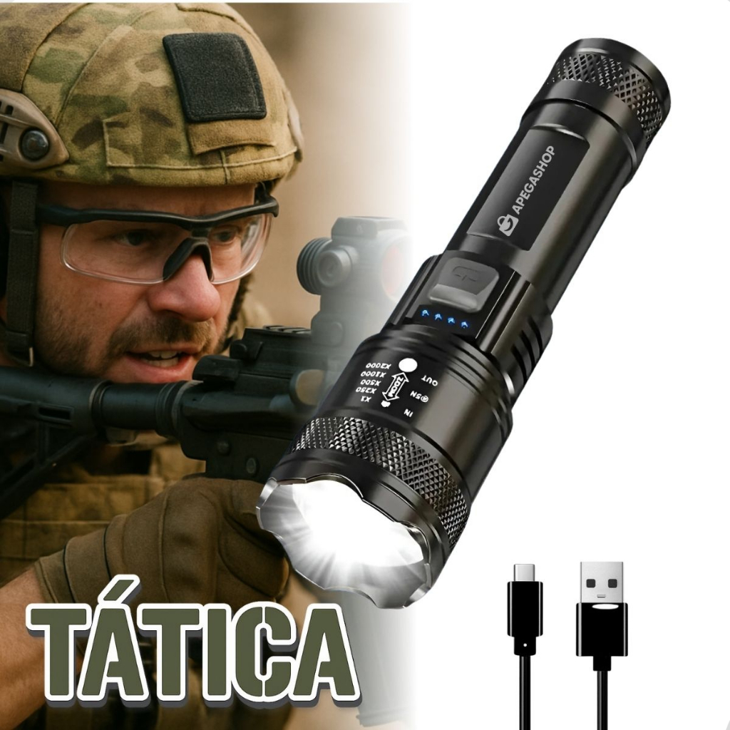 Lanterna Led Militar 3 Em 1 Tática Potente Forte Longo Alcance usb recarregável pesca camping