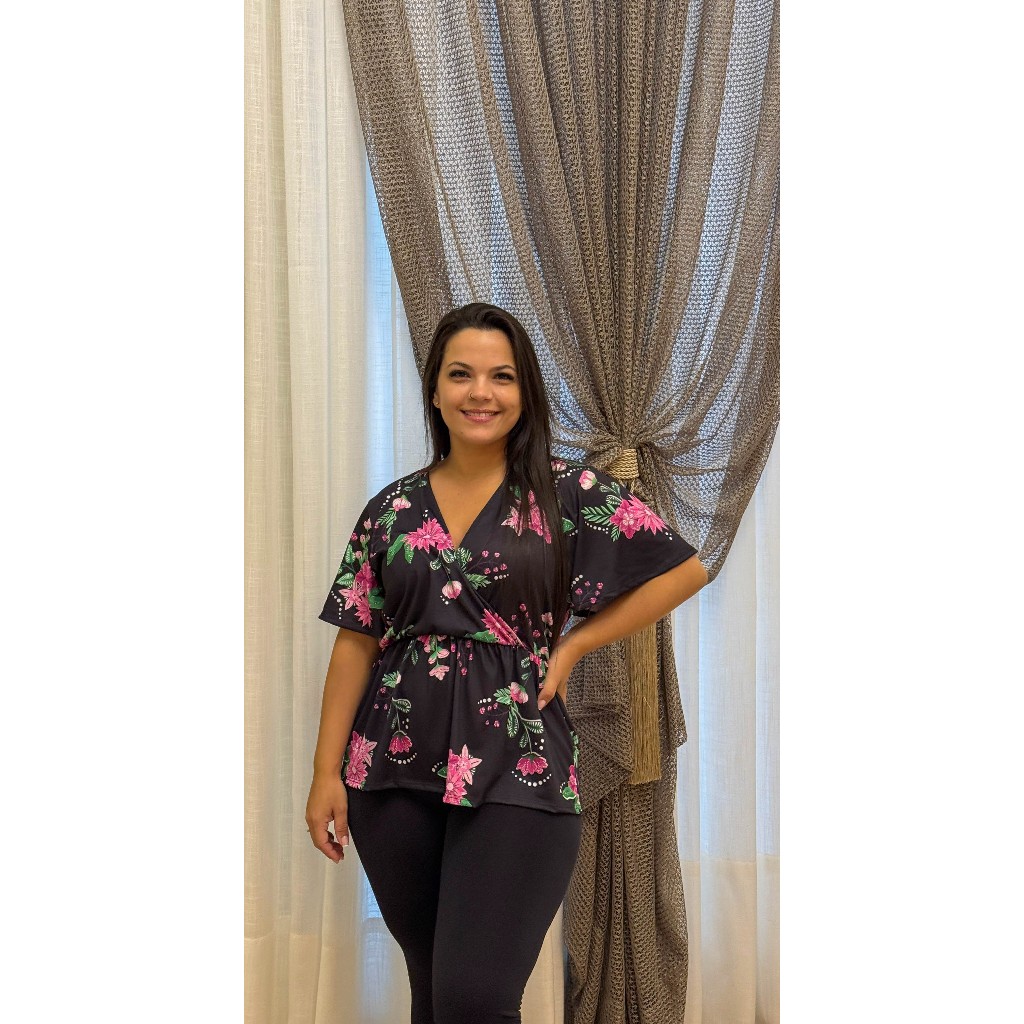 Blusa Com Mangas e Decote Transpassado Plus Size, Elástico Na Cintura e Modelagem Ampla em Oferta na Shopee