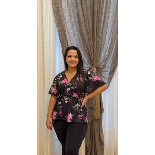 Blusa Com Mangas e Decote Transpassado Plus Size, Elástico Na Cintura e Modelagem Ampla em Oferta na Shopee