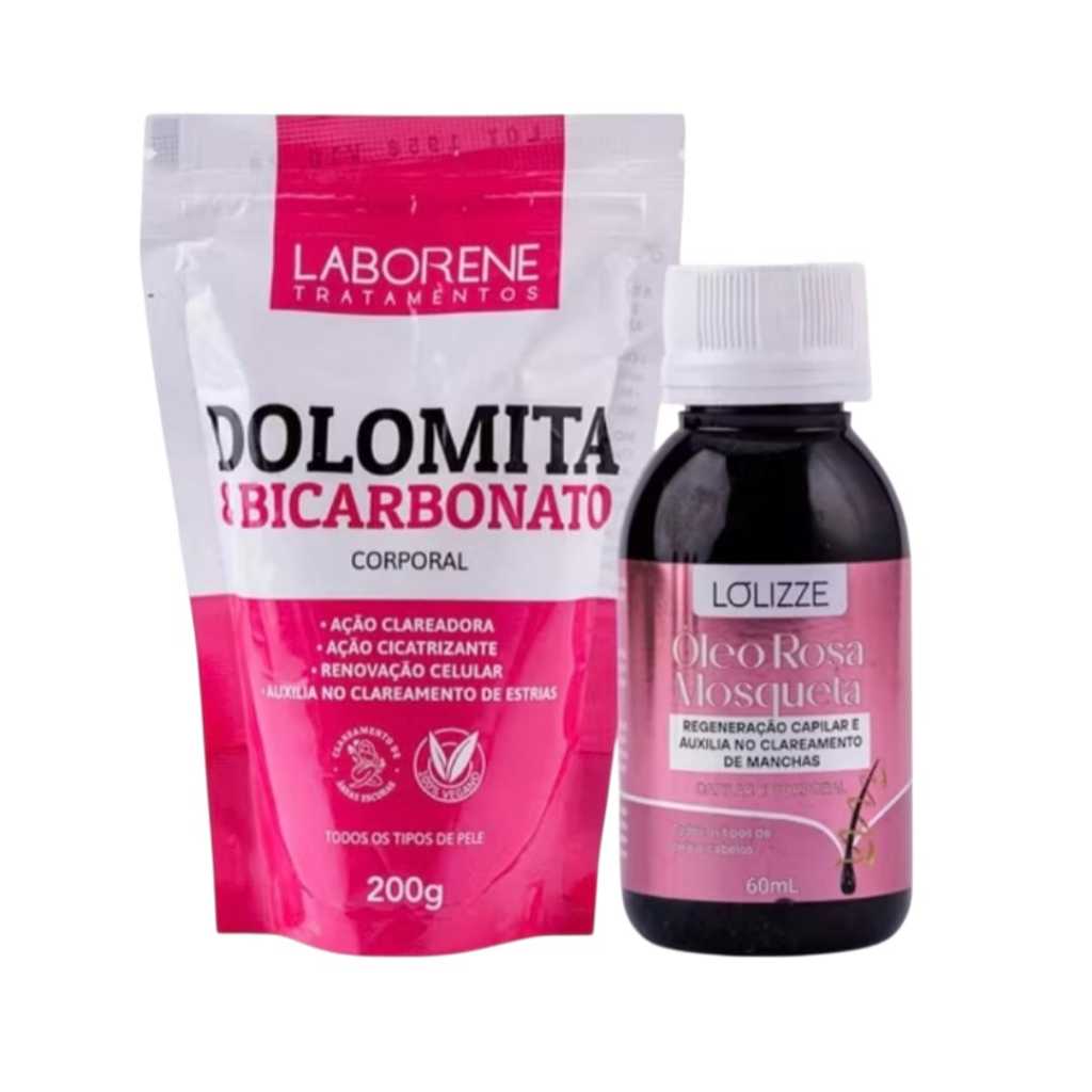 Kit Clareador Dolomita + Óleo Rosa Mosqueta Clareador Ilumina O Tom de Pele Para Corpo e Axilas 200g + 60ml- Laborene