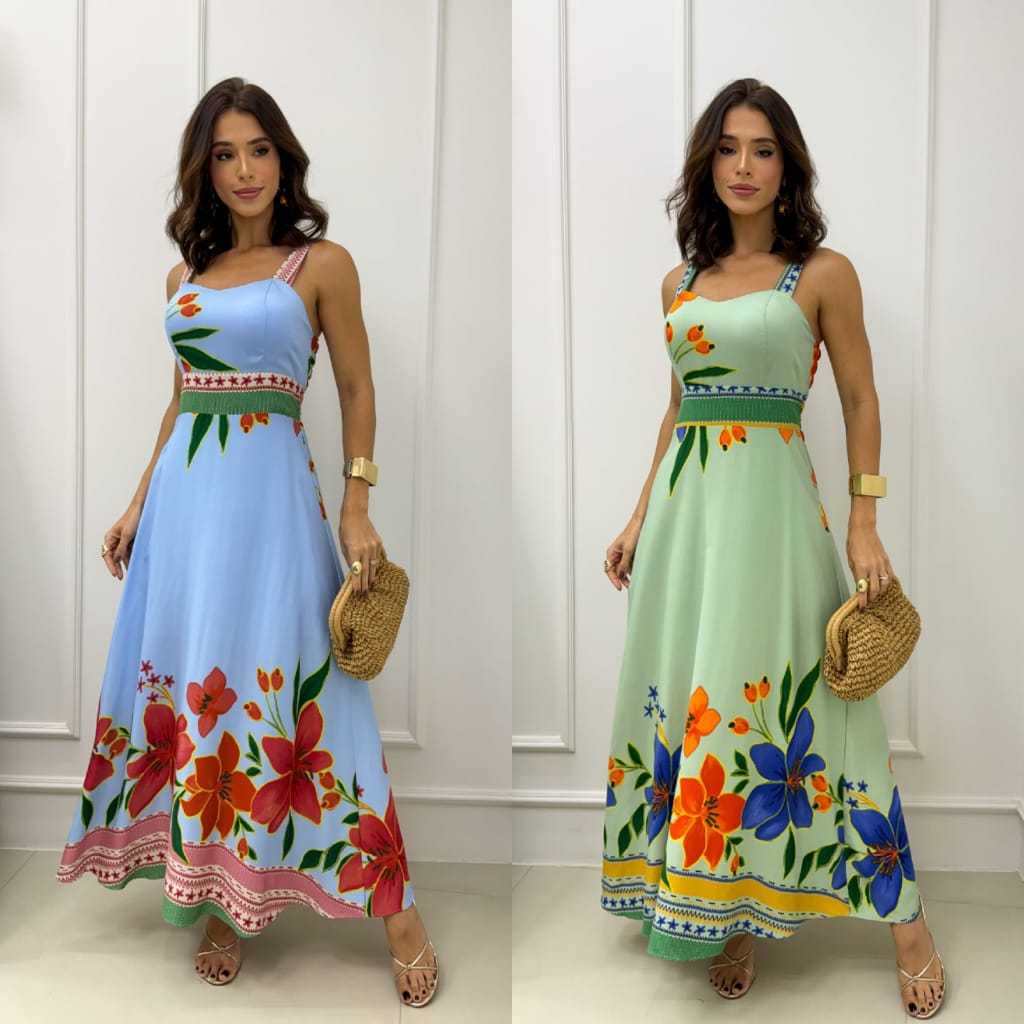 Vestido longo Feminino elegante com alça grosa com Bojo casual e festa tecido Visco Sarja em Oferta na Shopee