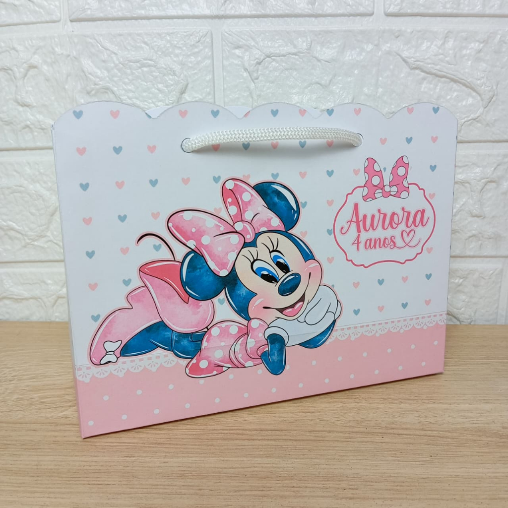Sacolinha Surpresa Minnie Rosa Aquarela Personalizada - PEGUE E MONTE | Lembrancinhas | Festa | Aniversário