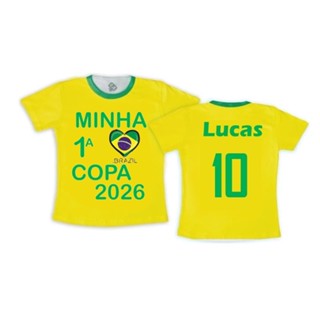 camiseta infantil copa 2026 brasil hexa com nome personalizado em Oferta na Shopee