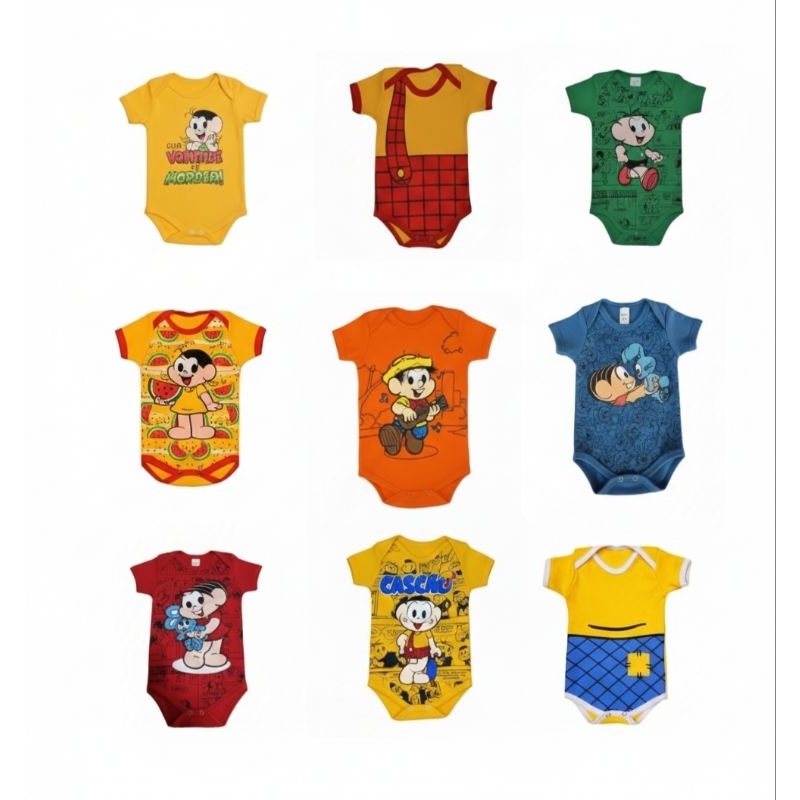Bodys infantil temático mêsversário Turma da Monica, cebolinha / cascão/ Chico Bento/ mônica e Magali