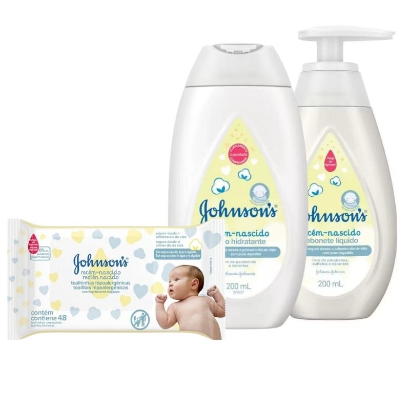 Kit Recém Nascido Johnson Baby Lencinho 48 Unidades + Hidratante 200ml + Sabonete 200ml
