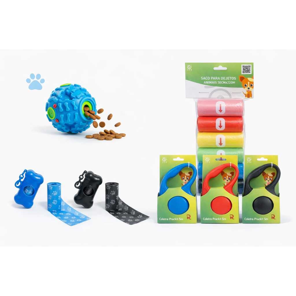 Guia Coleira Retrátil 5m + Cata Coco com Suporte e Refil + Brinquedo Porta Ração Cachorro Gato