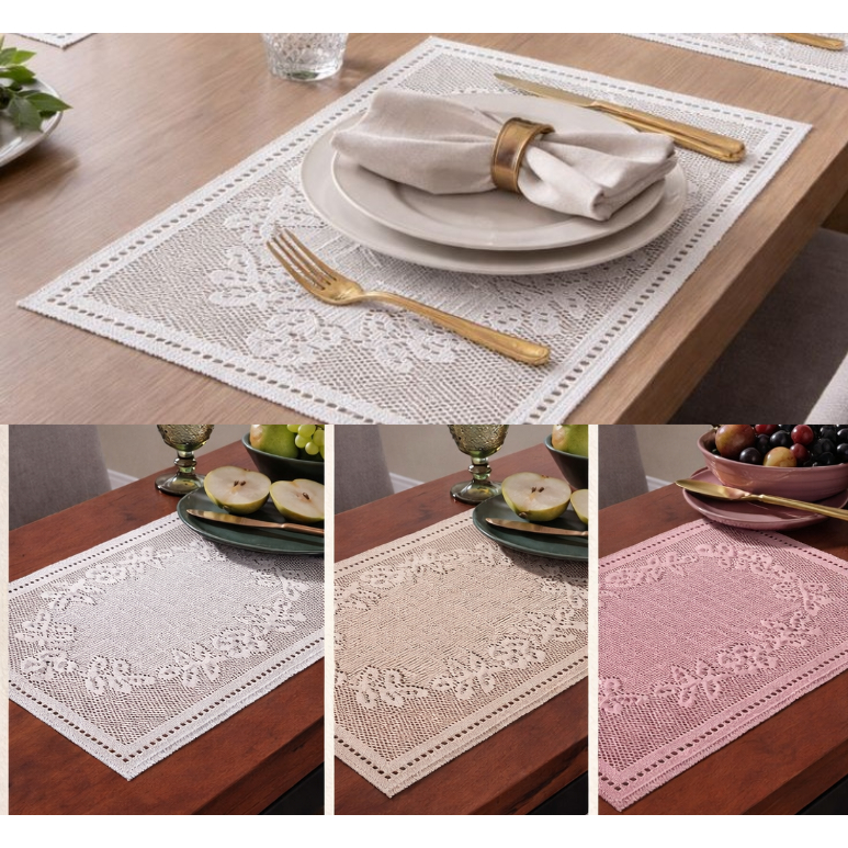 Kit Jogo Americano para Mesa Posta 4 ou 6 lugares Em Renda Branco/Rose/Marrom