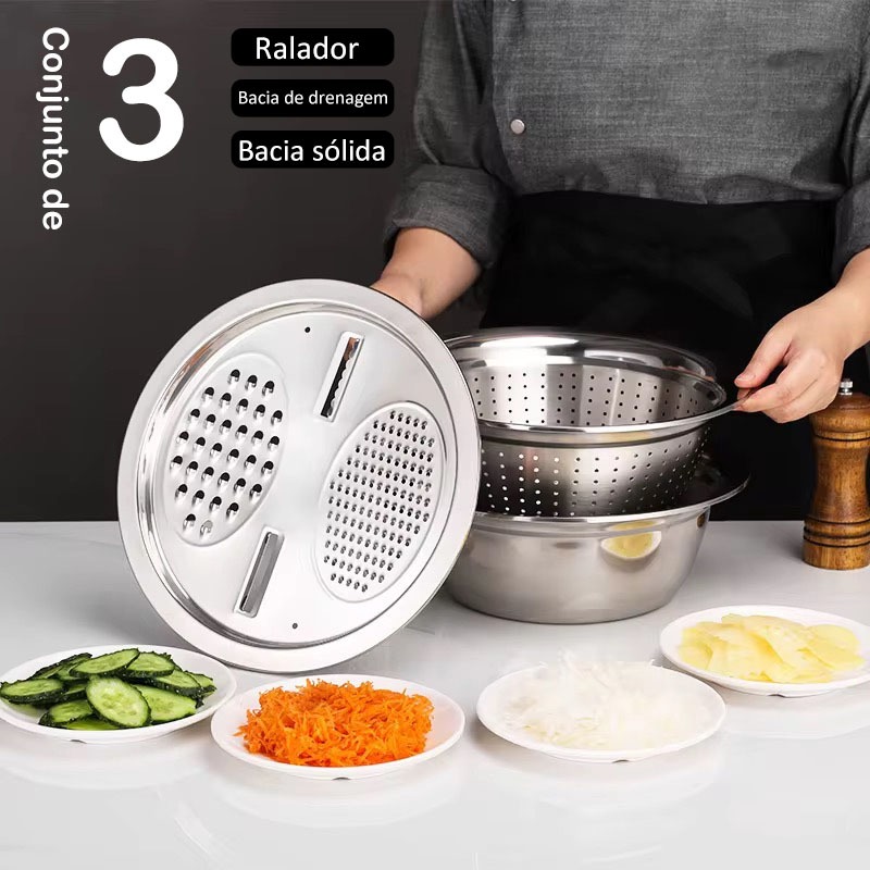 Tigela 3 em 1 Ralador Fatiador Bacia Escorredor Legumes Queijo Manual Cozinha Pratica em Oferta na Shopee