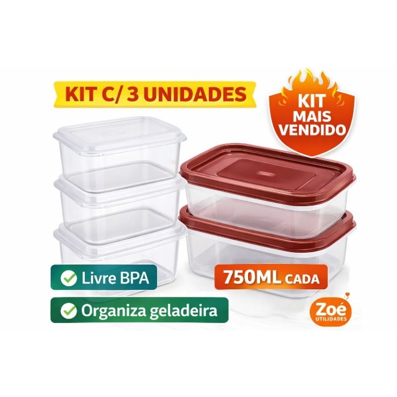 Kit 3 Potes Herméticos 750ml Retangular Tampa Vedação Organizador Geladeira Cozinha Porta Mantimentos