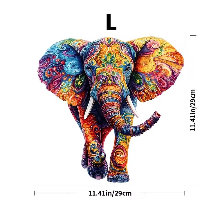 Quebra Cabeça Elefante Colorido A3 Madeira MDF Corte Laser. Brinquedo madeira. (E149-L)