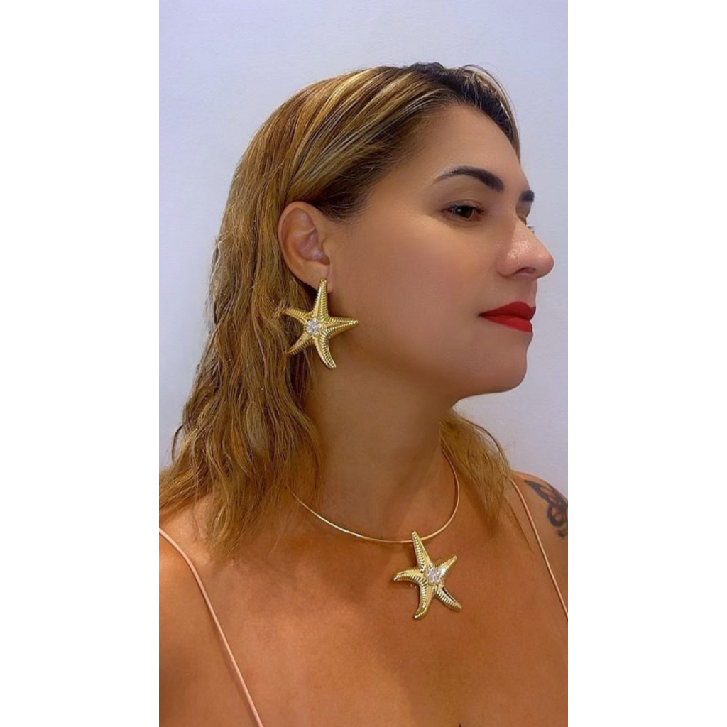 Conjunto Choker Aro e Brinco Folheado a Ouro 18k e Prata Estrela Do Mar Com Pérola Central