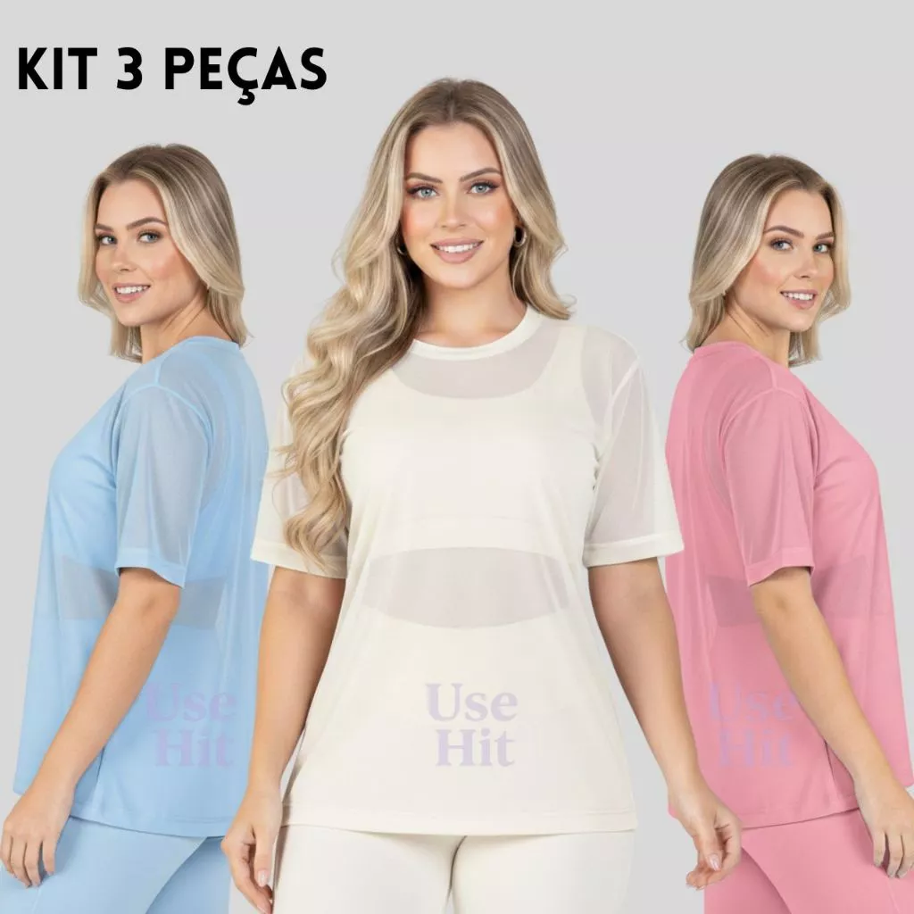 Kit 3 Blusas Feminina De Tule Academia Blusão Transparente Academia Treino Fitness — imagem 1