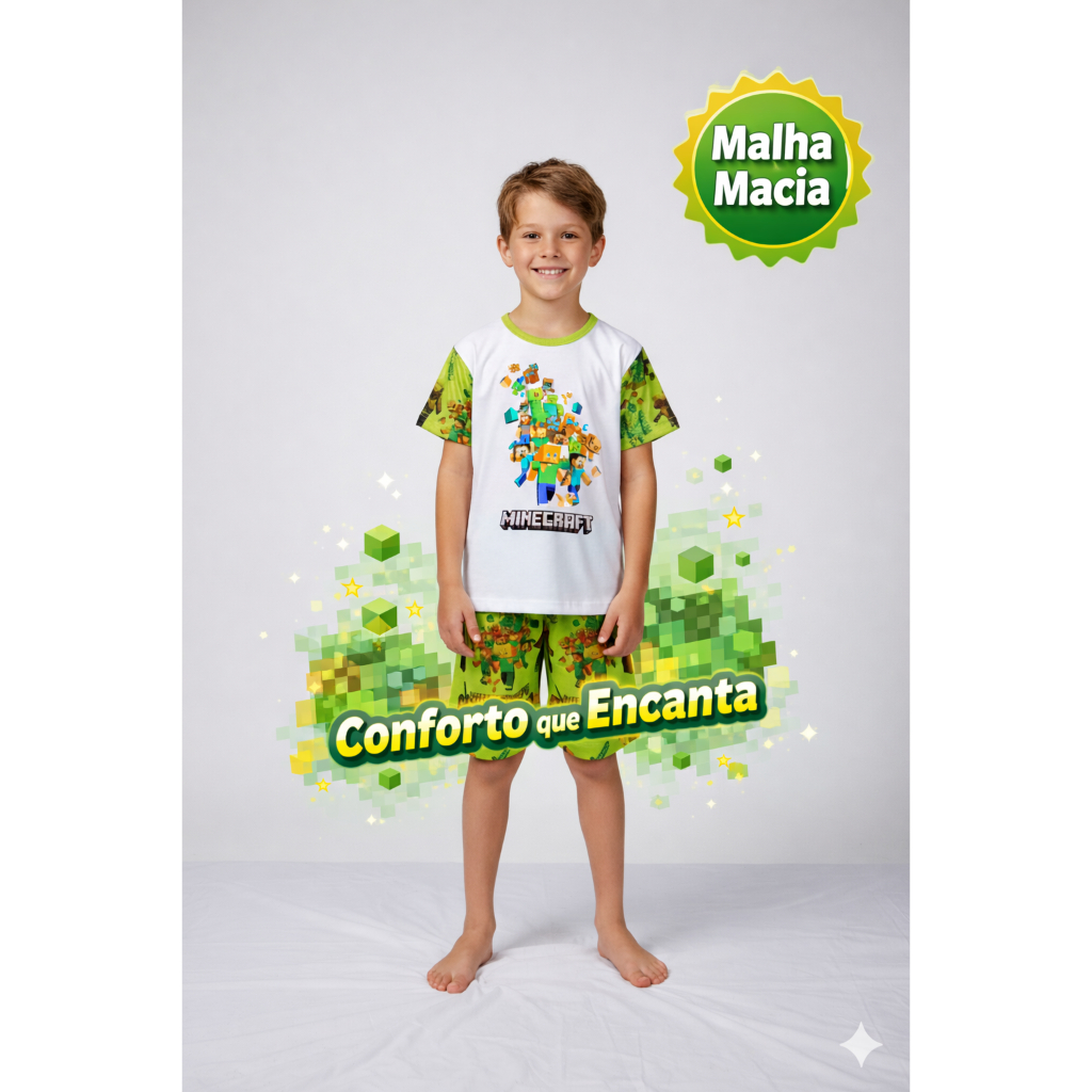 Pijama Infantil Masculino Minecraft Curto Verão Malha Macia Confortável