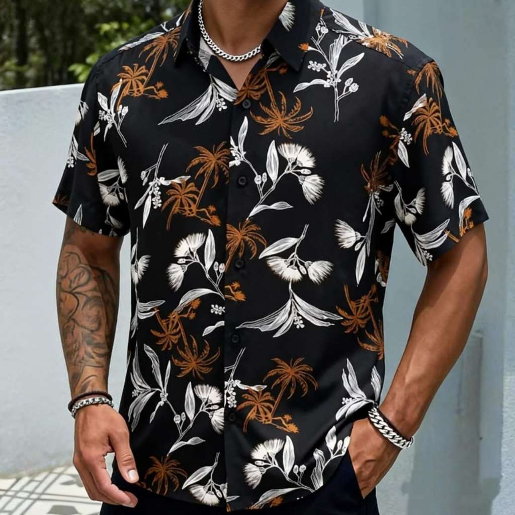 LOJA KRYSTAL Camisa Floral Havaiana Praia Verão Masculino Manga Curta De Botão