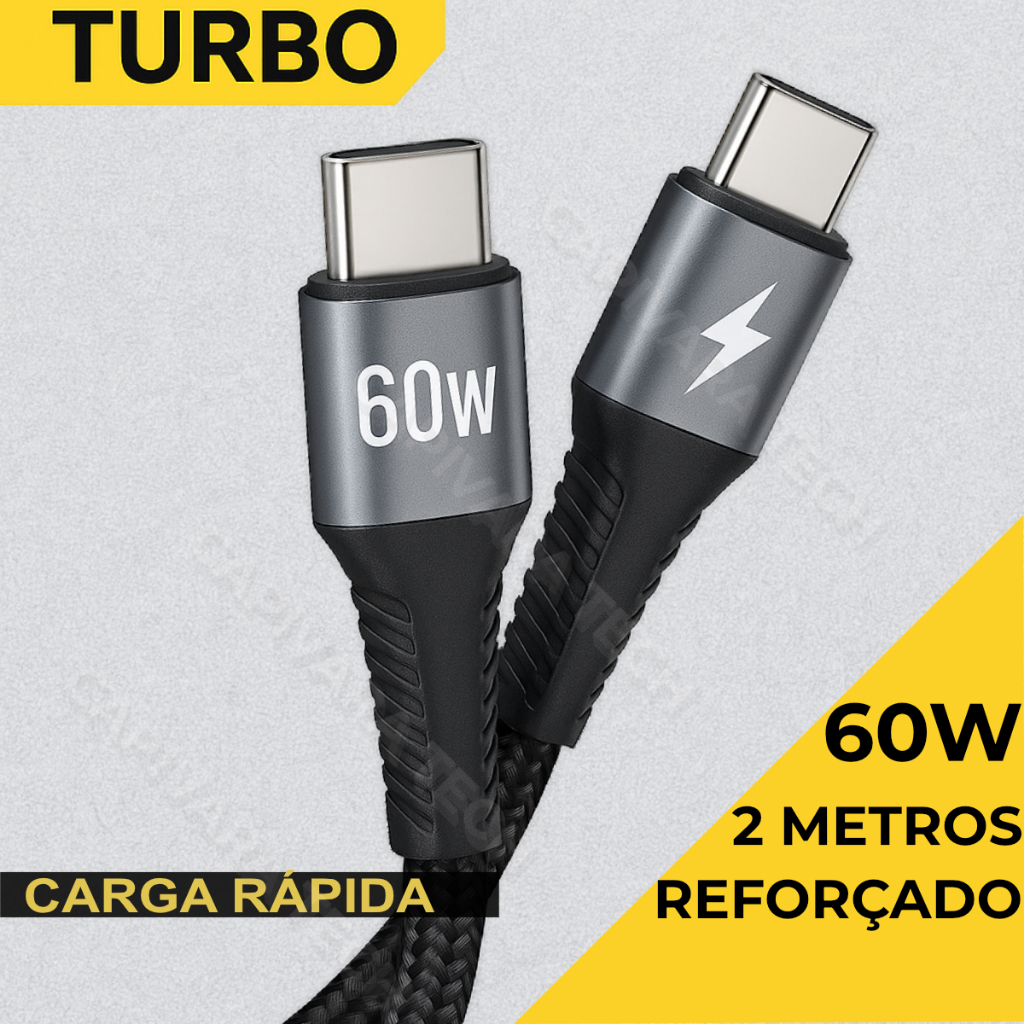 Cabo USB Tipo-C x Tipo-C 60W Turbo 2 Metros Reforçado – Rápido, Durável, Compatível com Tudo em Oferta na Shopee
