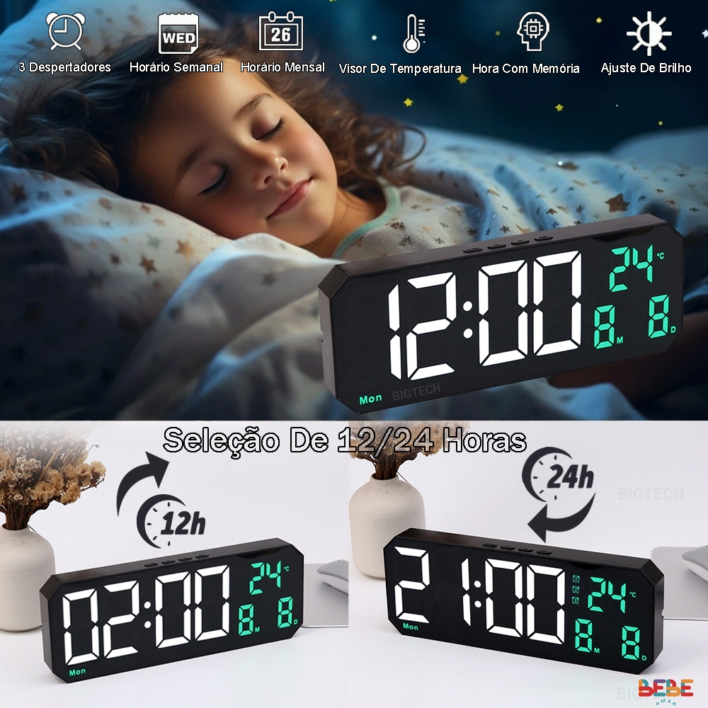 Relógio Despertador Led Digital 3D Inteligente Com Tela Grande Multifuncional E Ajuste Automático De Brilho