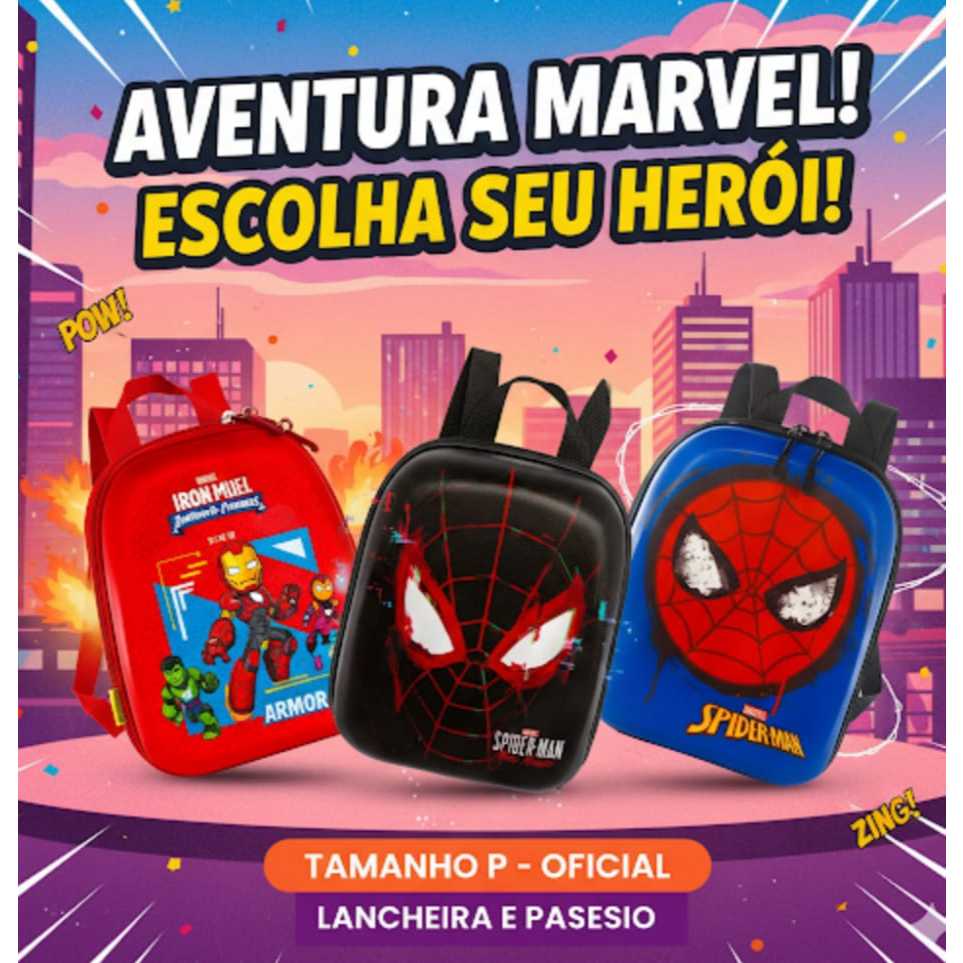 Mochila Lancheira Marvel Infantil Homem Aranha Homem Ferro Escolar Creche Passeio