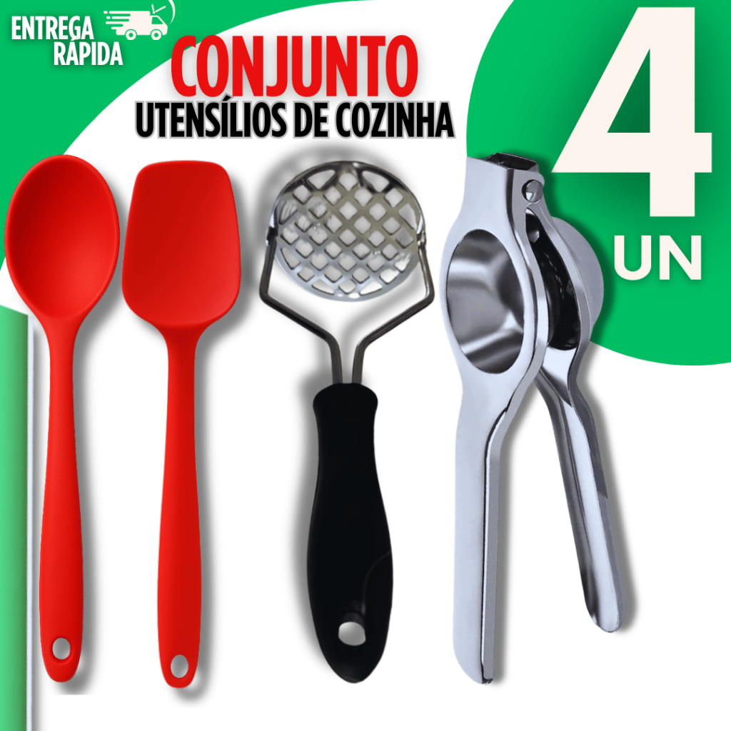 KIT 04 Utensílios - Colher Silicone Espátula reta Silicone Espremedor de Limão Amassador de  Batatas