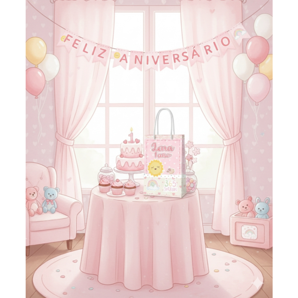 Sacolinha (P) | Sacola 365 Sorrisos Rosa Menina l Personalizada |Lembrancinha de Aniversário | PEGUE E MONTE