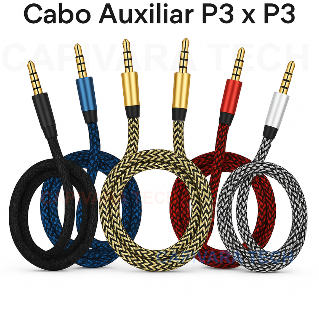 Cabo Auxiliar P3 x P3 3.5mm Estéreo 1,5m Nylon Reforçado Para Celular Carro Som Fone PC Notebook