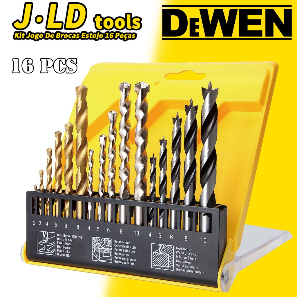 Kit Jogo De Brocas Estojo 16 Peças Estojo Madeira Ferro Concreto Metal Para Furadeira Parafusadeira em Oferta na Shopee