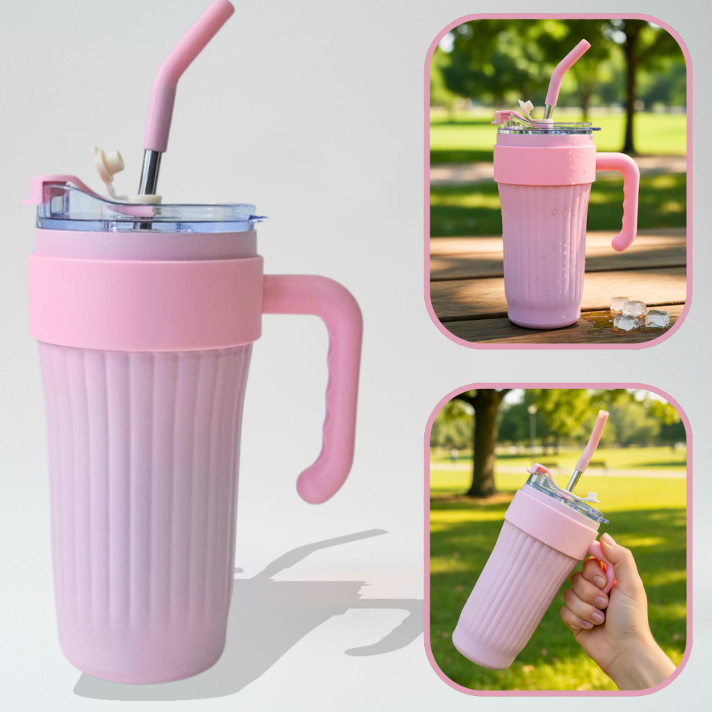 Caneca Térmica Copo Isotérmico Aço Inox Dupla Camada 860ml Com Tampa Canudo Alça