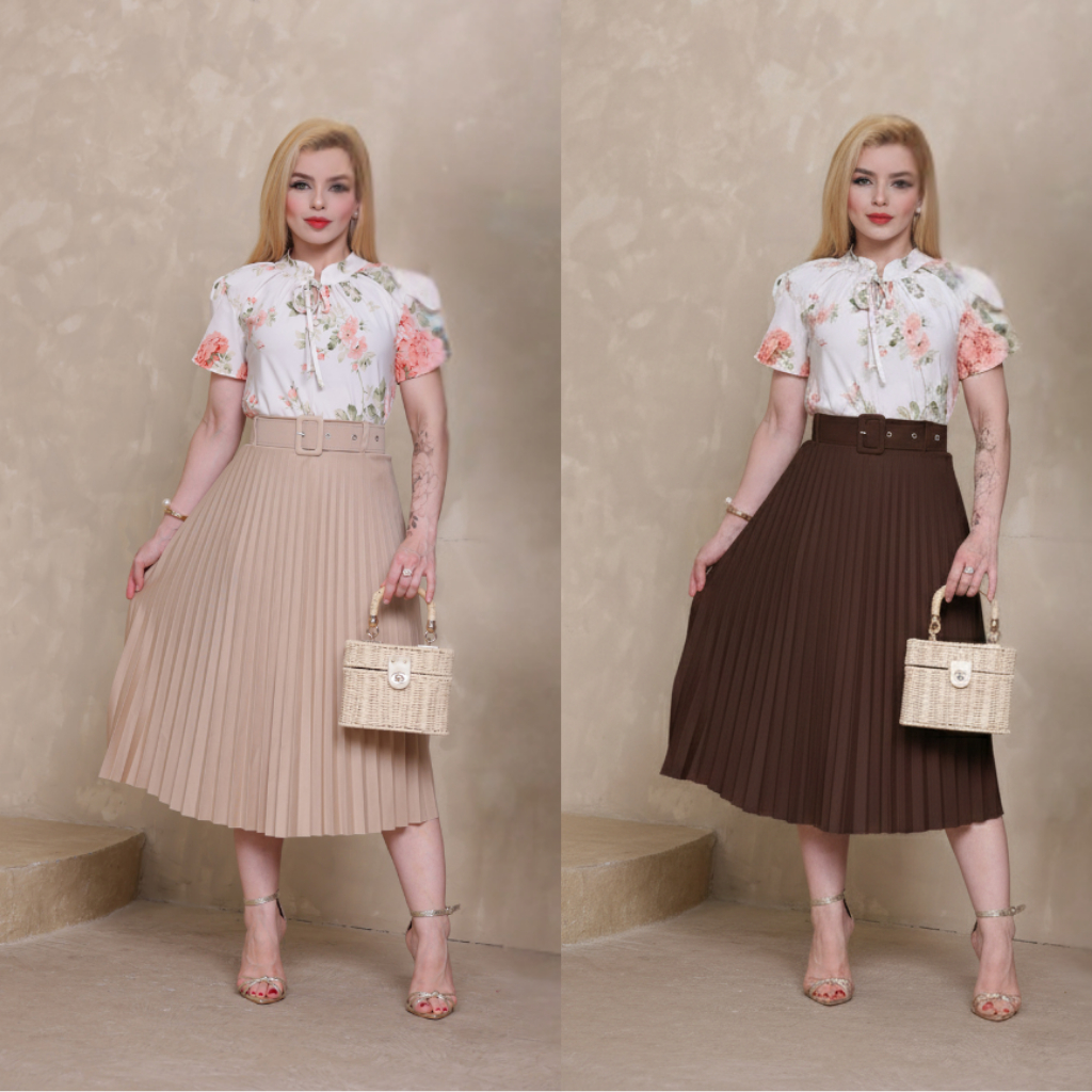 kit 2 Saia Plissada Midi Com Cinto Luxo Moda Evangélica Social Executiva Não Fica Transparente em Oferta na Shopee