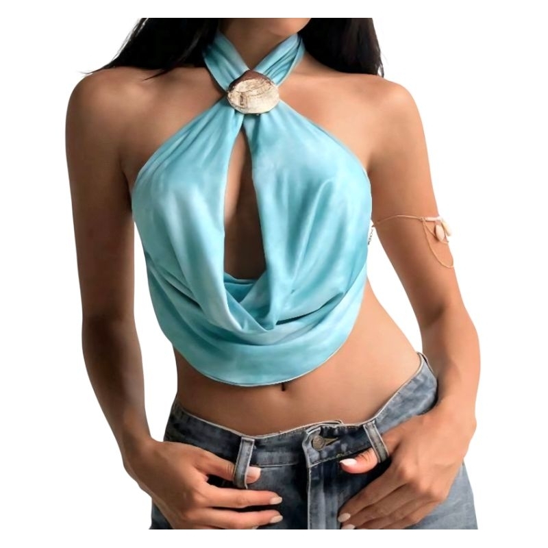 Blusa Frente Única Feminina com Detalhe em Concha e Decote Gota