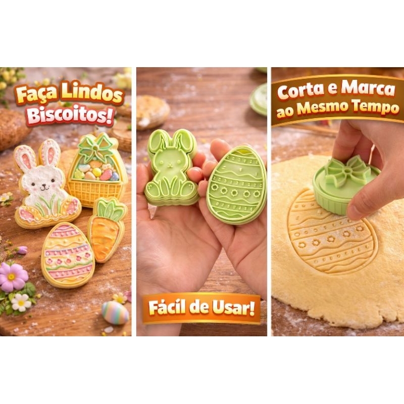 Kit Cortadores de Massa Páscoa com Marcador – Coelho, Ovo, Cenoura e Cesta | Biscoito, Fondant, Biscuit
