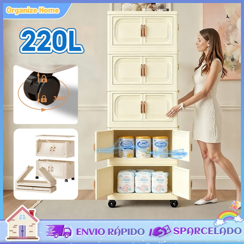 【220L 】Caixa Organizadora Armario Armazenamento Dobrável Empilhavel com Porta Rodinhas Guarda Roupa de Casal 40/50/60cm