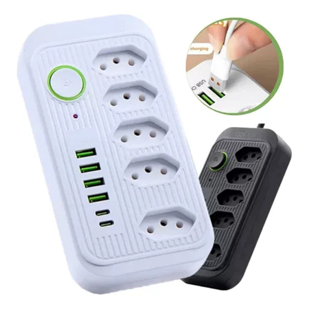 Régua Extensão de tomada 5 tomadas filtro de linha com 4 usb 1 USBC com cabo de 200 cm Bivolt