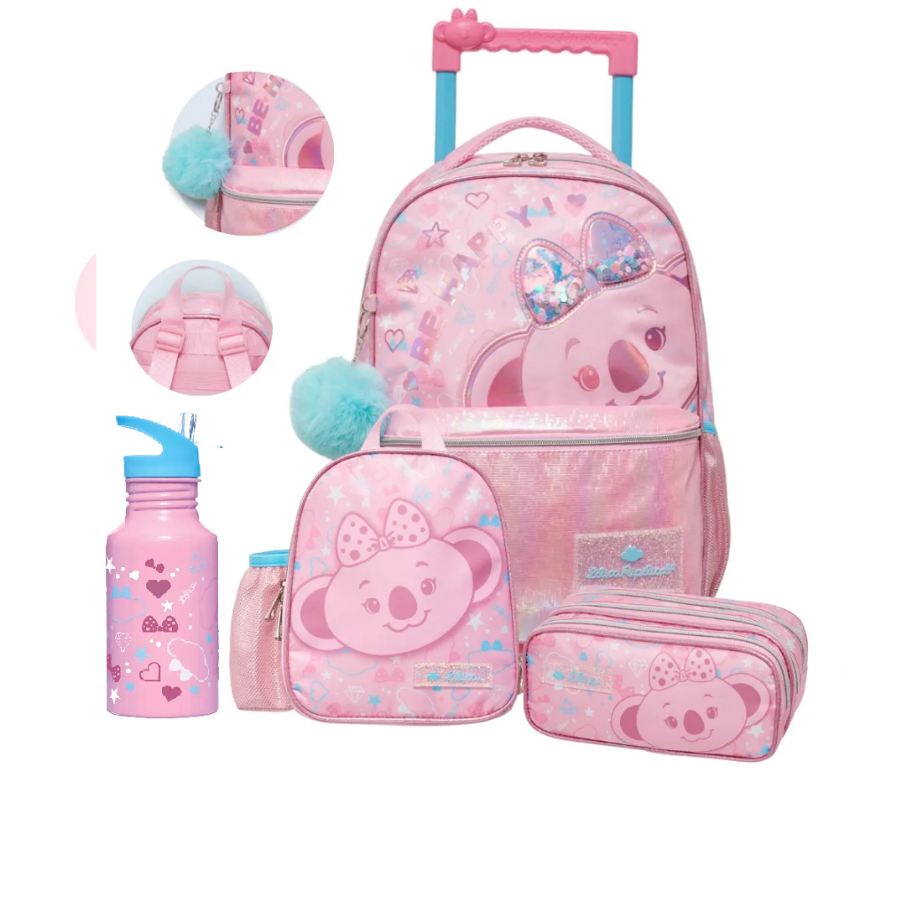 Kit Mochila com rodas + Lancheira + Estojo triplo  + garrafa Lilica Ripilica Charming Rosa em Oferta na Shopee
