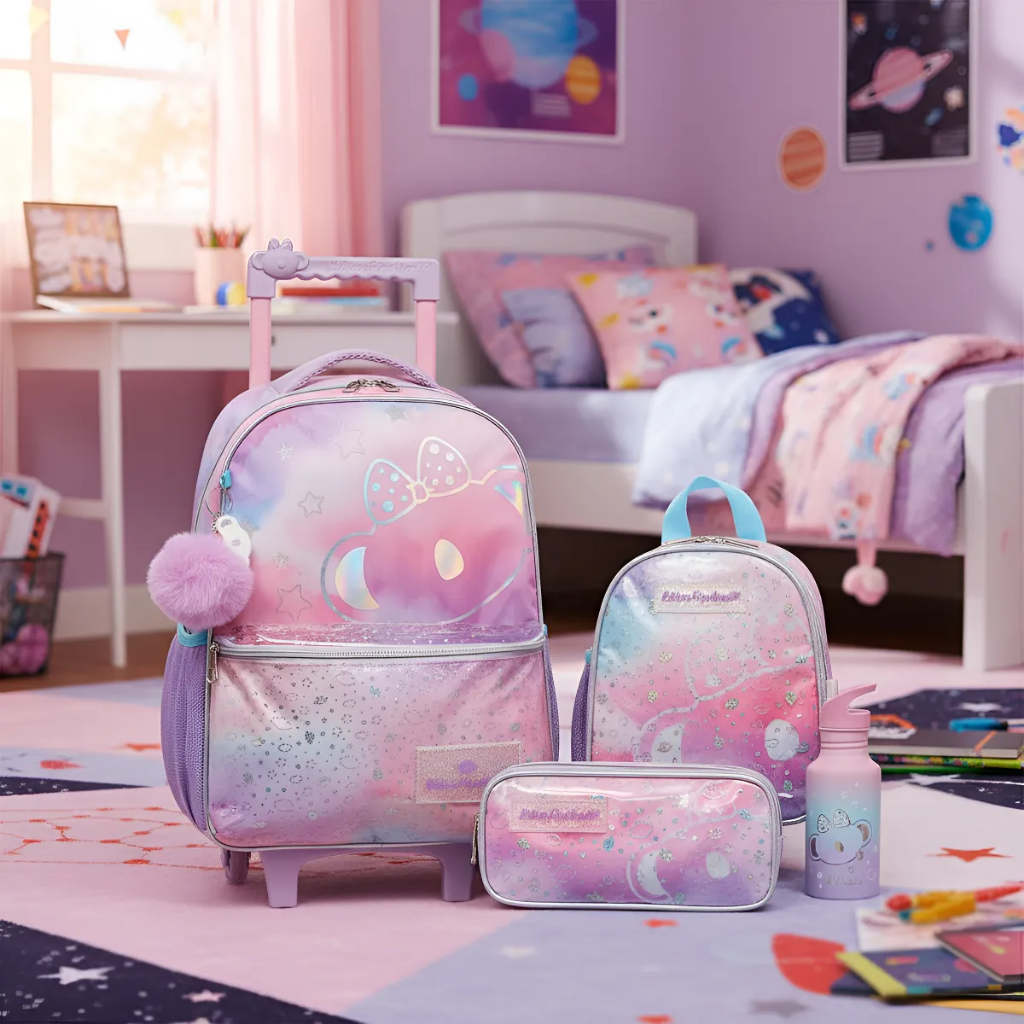 Kit Mochila Carrinho Lancheira Estojo duplo Garrafa Lilica Lumina Lilás Lilica Ripilica
