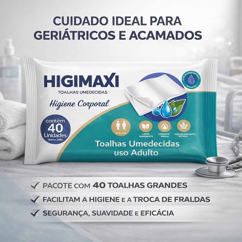 Kit Lenços Umedecidos Higimaxi | Toalhas Umedecidas | Higiene Corporal | Uso Geriátrico | Sem Álcool | Aloe Vera | Kit